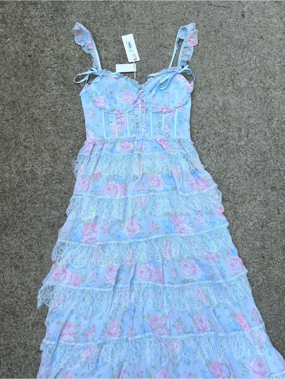 NWT Altar’d State Rhiannon Blue Pink Floral Lace Tiered Maxi Dress Small - Picture 4 of 9
